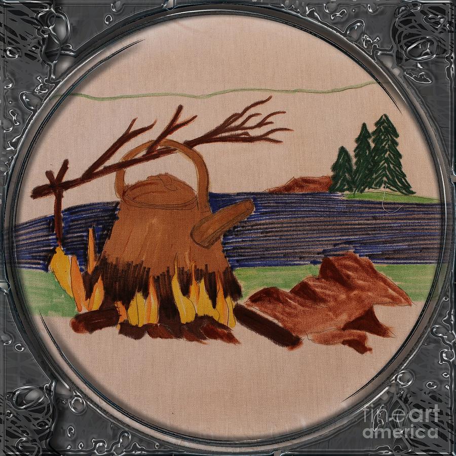 Boil Up Drawing - Boil Up in the Woods - Porthole Vignette by Barbara A Griffin