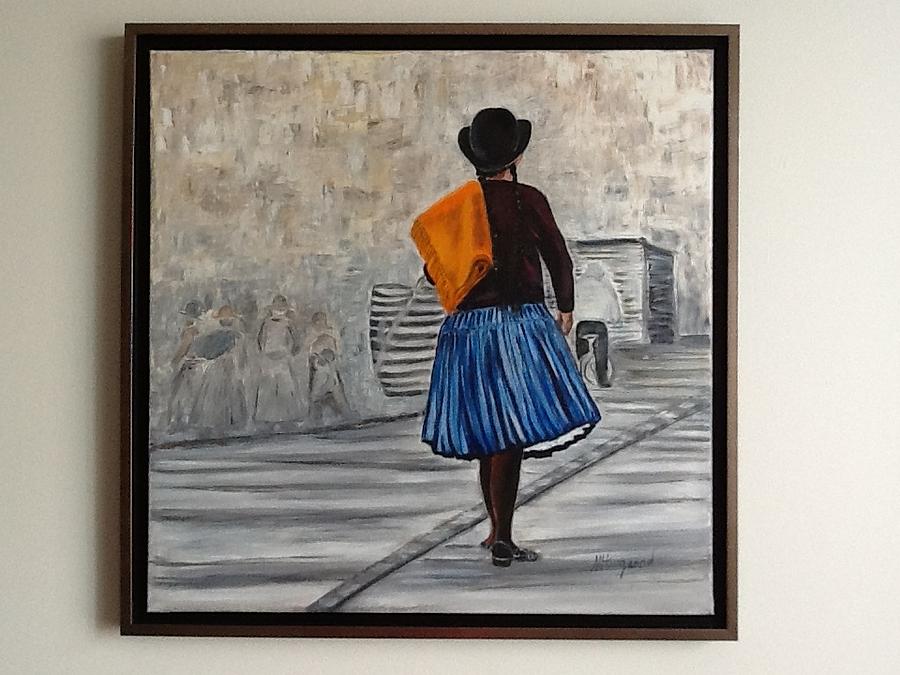 Bolivian Chola in Blue Skirt Painting by Marcella Haugaard
