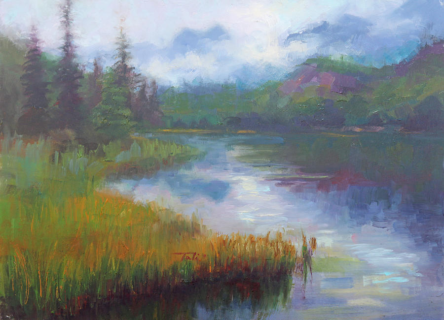 Bonnie Lake - Alaska misty landscape Painting by Talya Johnson