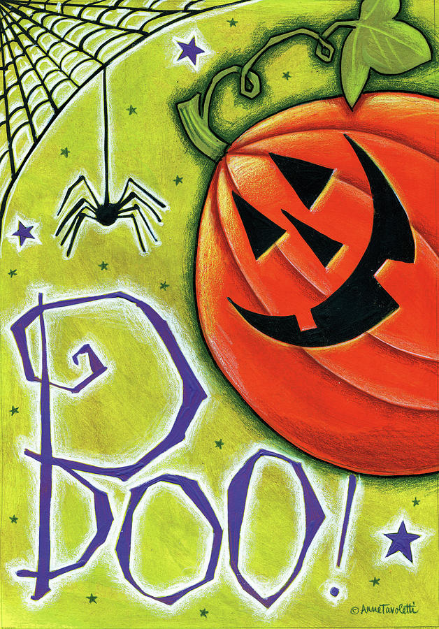 Fall Painting - Boo Pumpkin And Spider by Anne Tavoletti