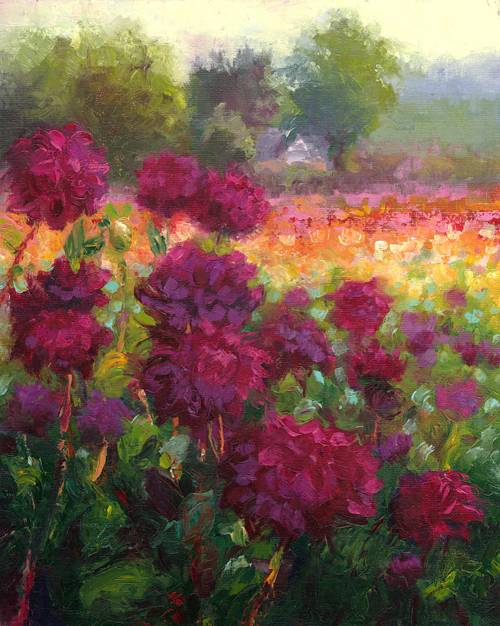 Flower Painting - Boogie Nites dahlia landscape oil painting  by Talya Johnson