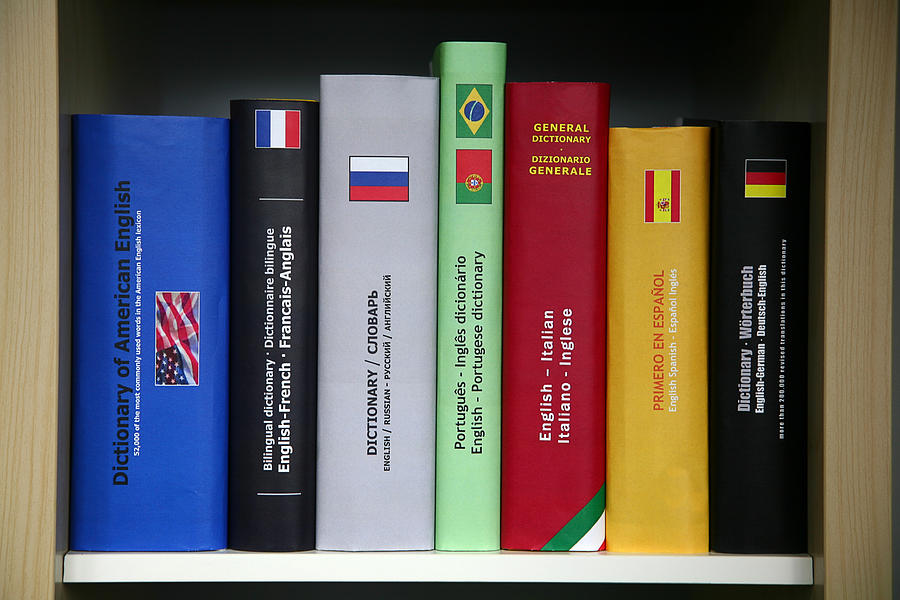 Bookcase with numerous foreign languages dictionaries. Photograph by Trait2lumiere