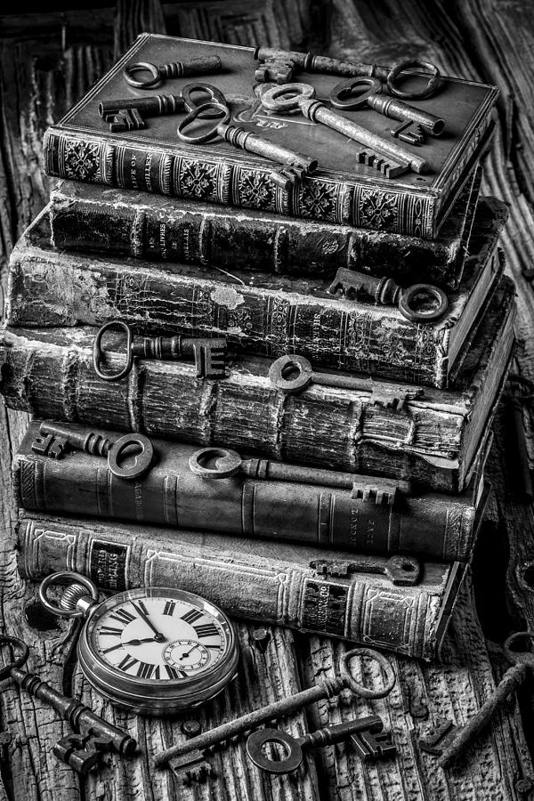 Key Photograph - Books And Keys Black and White by Garry Gay