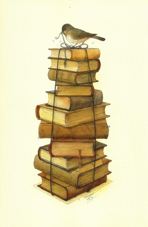 Books and little Bird Painting by Kestutis Kasparavicius