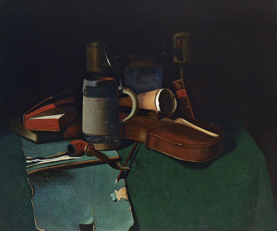 Books Mug Pipe and Violin Painting by John Frederick Peto