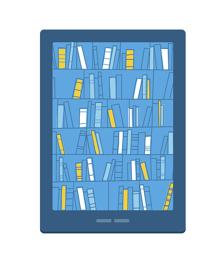 Bookshelves with books on smartphone screen. Digital library. Drawing by Wujekjery