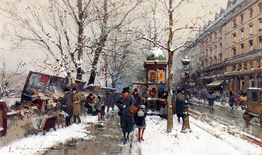 Bookstalls in Winter Paris Painting by Eugene Galien-Laloue