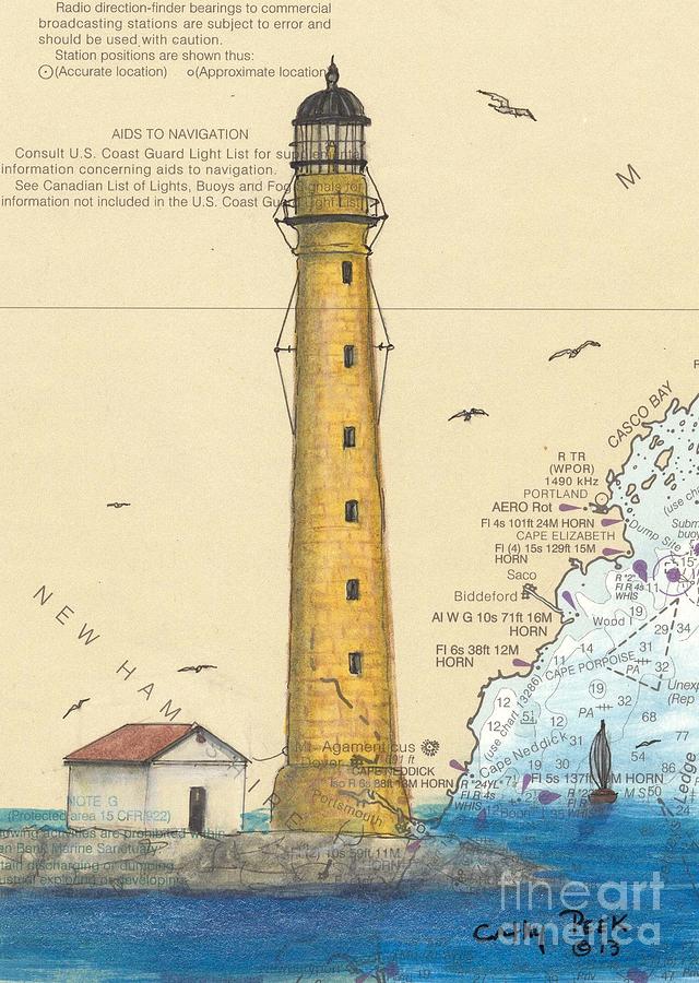 Lighthouse Painting - Boon Island Lighthouse ME Chart Art Cathy Peek by Cathy Peek