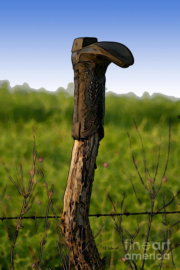 Boot Mixed Media - Boot on the Fence Post by E B Schmidt