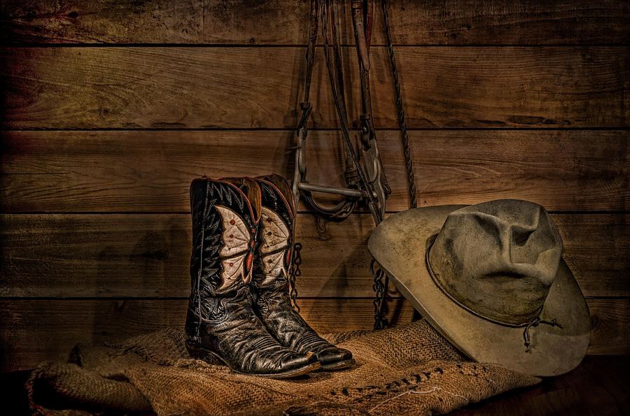 Still Life Photograph - Boots and Bridle - Horizontal by Leah McDaniel