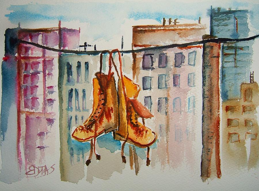 Boots on a Wire Painting by Elaine Duras