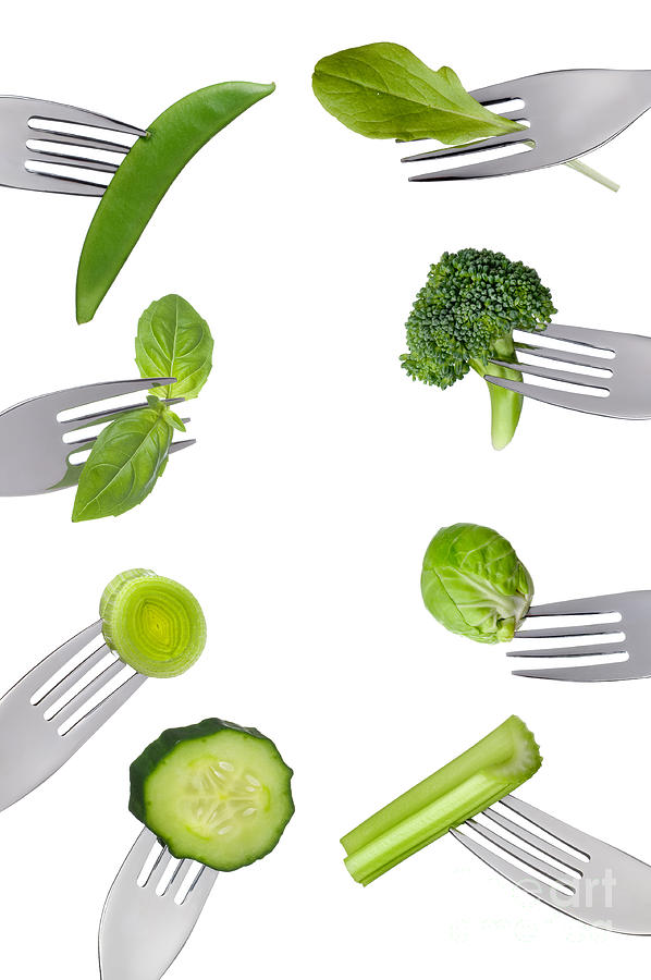 Green Photograph - Border Of Fresh Green Vegetables Isolated On Forks by Lee Avison