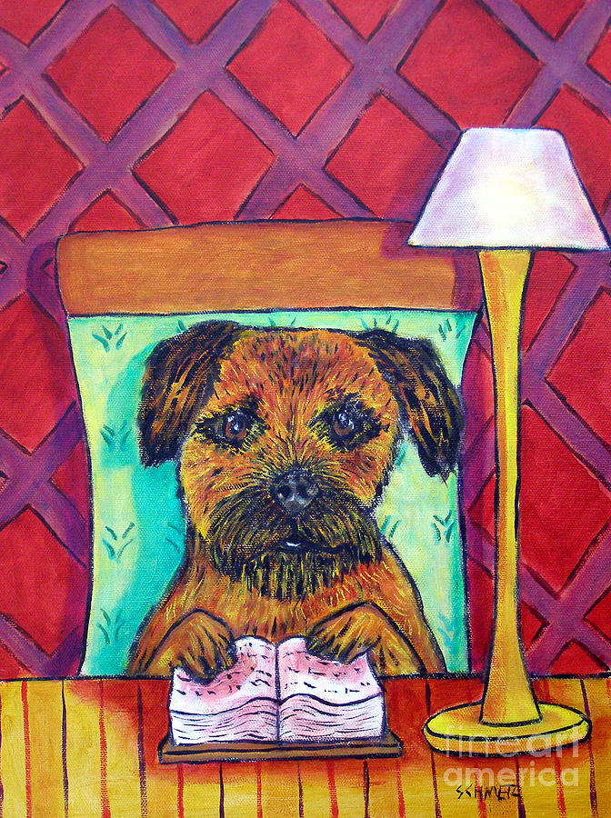 Abstract Painting - Border Terrier at the Library by Jay  Schmetz
