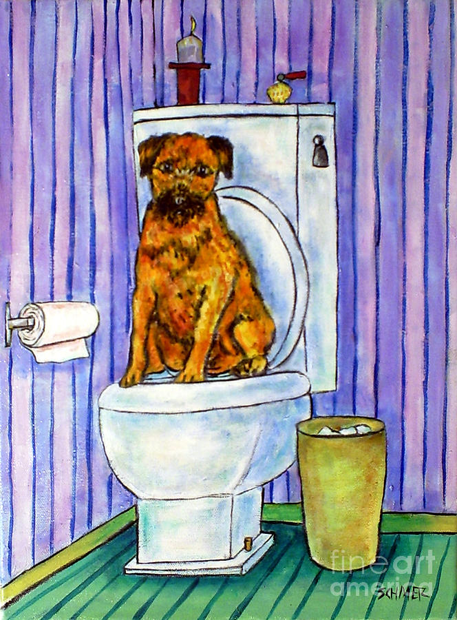 Abstract Painting - Border Terrier on the Toilet by Jay  Schmetz