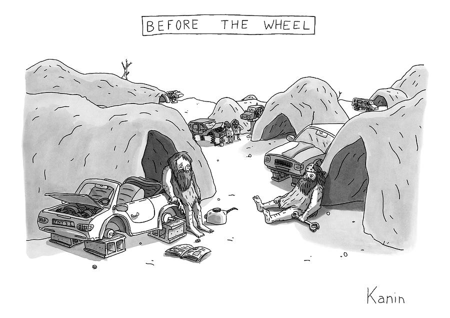 Bored Cavemen Sitting Around Next To Cars Drawing by Zachary Kanin