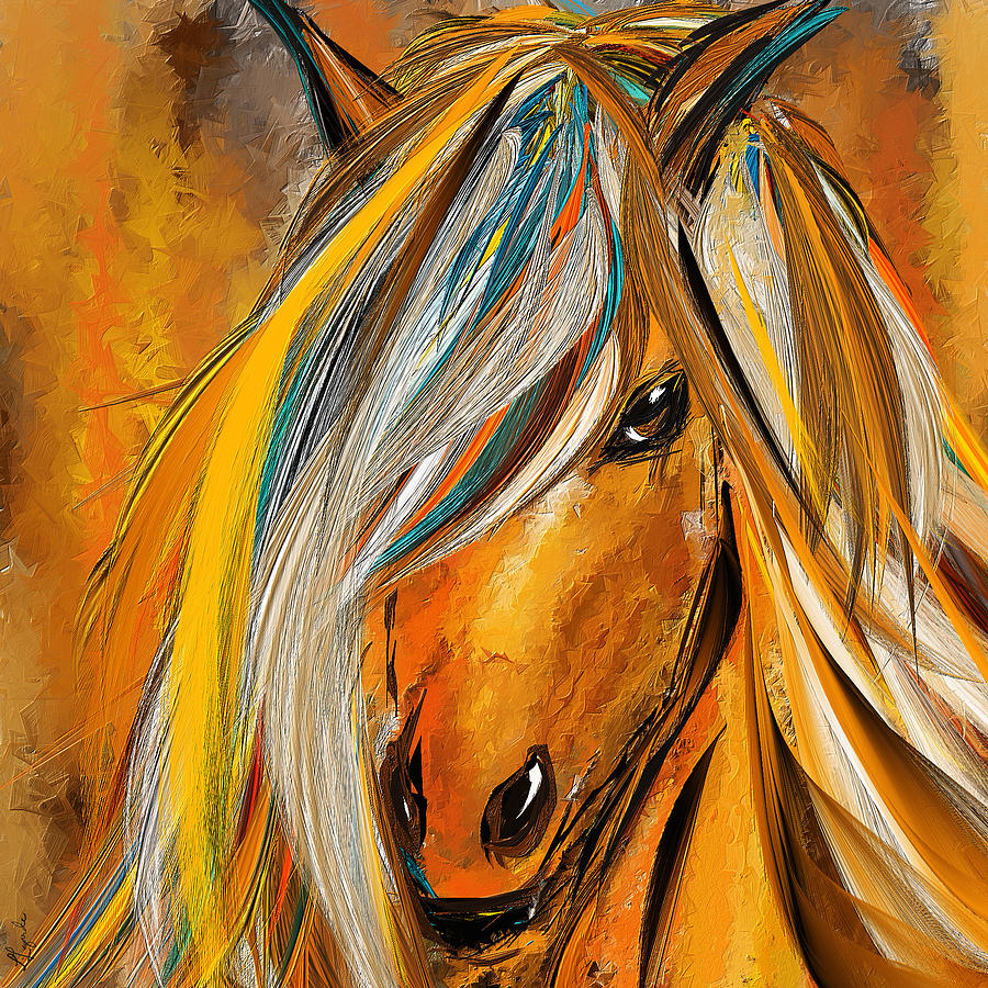 Born Free-Colorful Horse Paintings - Yellow Turquoise Painting by Lourry Legarde