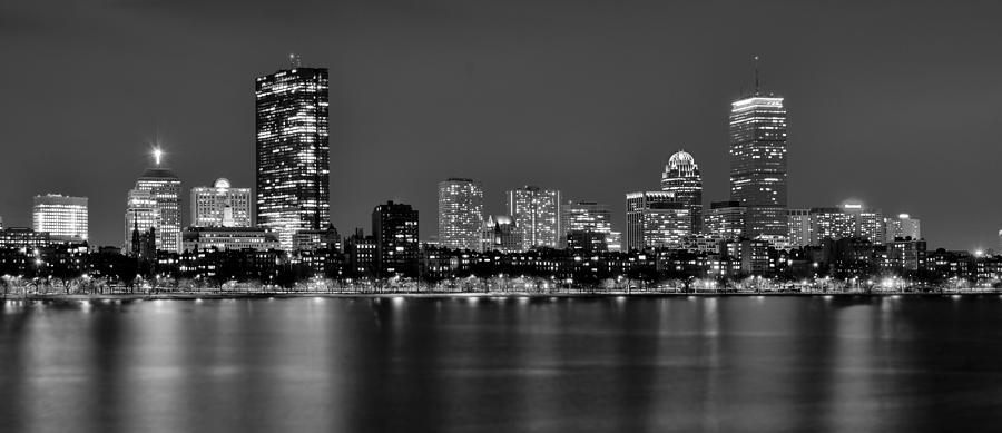 Boston Skyline Photograph - Boston Back Bay Skyline at Night Black and White BW Panorama by Jon Holiday