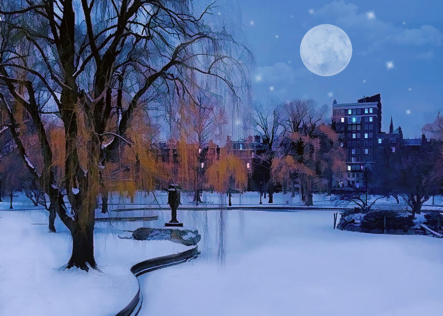 Boston Commons Frozen Pond On Winter Evening Painting by 