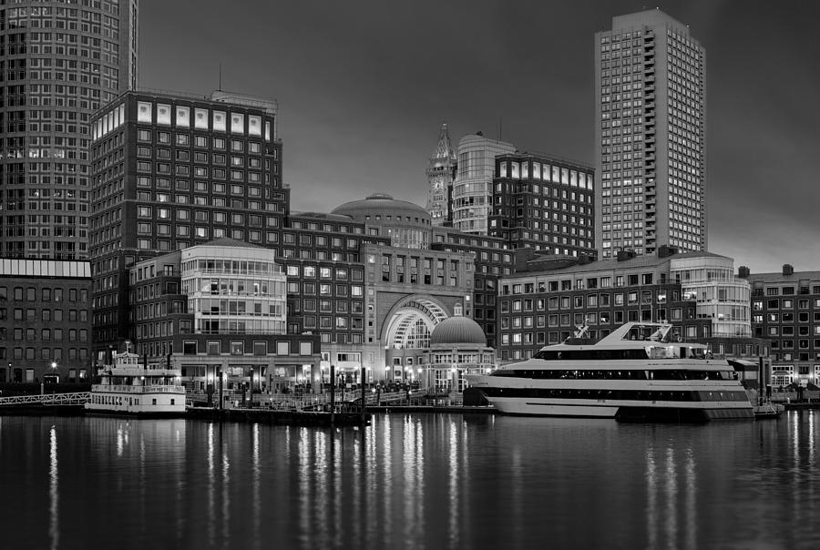Boston Photograph - Boston Harbor Skyline and Financial District BW by Susan Candelario
