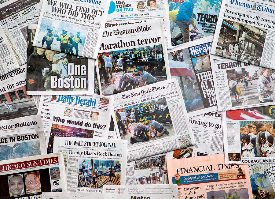 Boston Marathon Bombing headline collage featuring globe Photograph by Allkindza