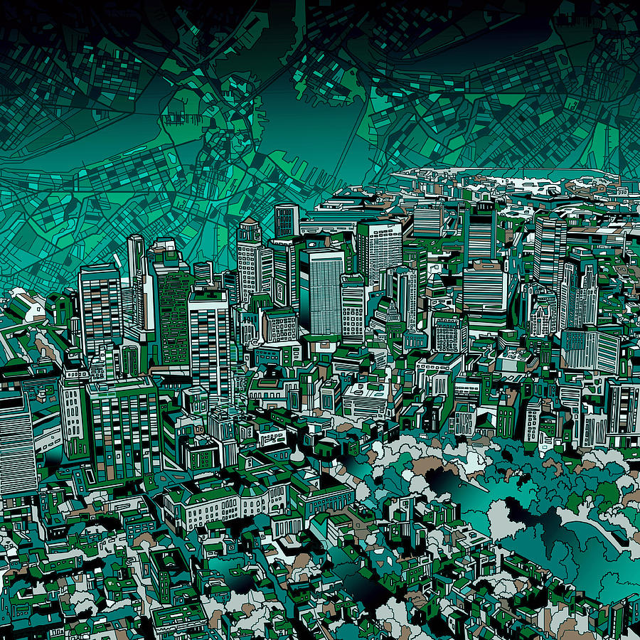 Boston Panorama Green Painting by Bekim M