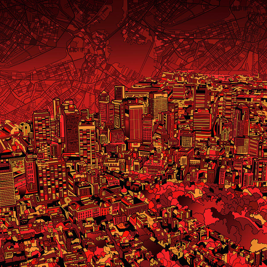 Boston Panorama Red Painting by Bekim M