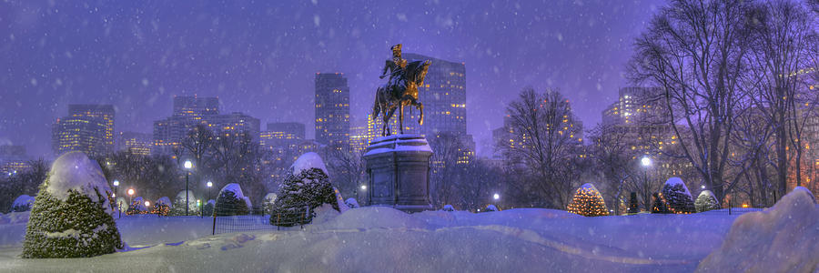 Boston Public Garden in Snow with Boston Skyline Photograph by Joann Vitali