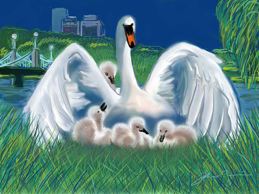 Swan Painting - Boston Public Garden Swan Family by Jean Pacheco Ravinski