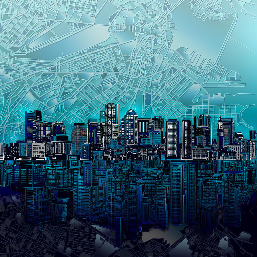 Boston Skyline Abstract Blue Painting by Bekim M