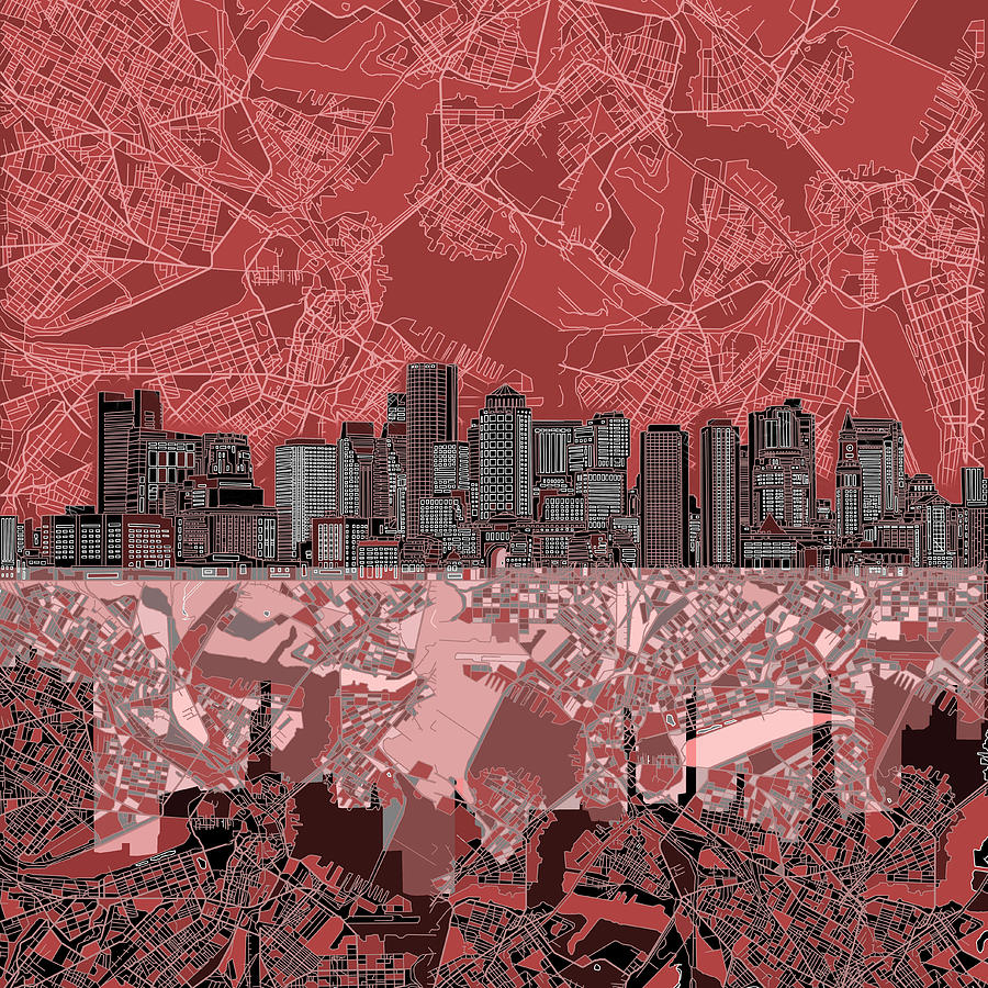 Boston Skyline Abstract Red Painting by Bekim M