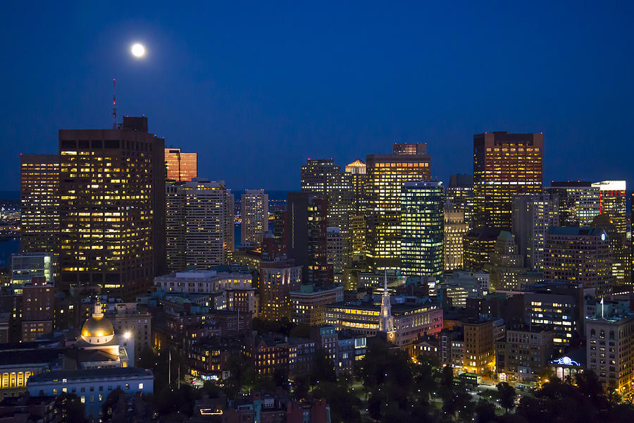 Boston Skyline at Night with Full Moon Photograph by Dave Cleaveland ...