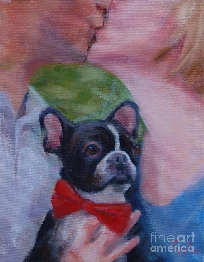 Boston Terrier Painting - Boston Terrier and Kiss by Pet Whimsy  Portraits
