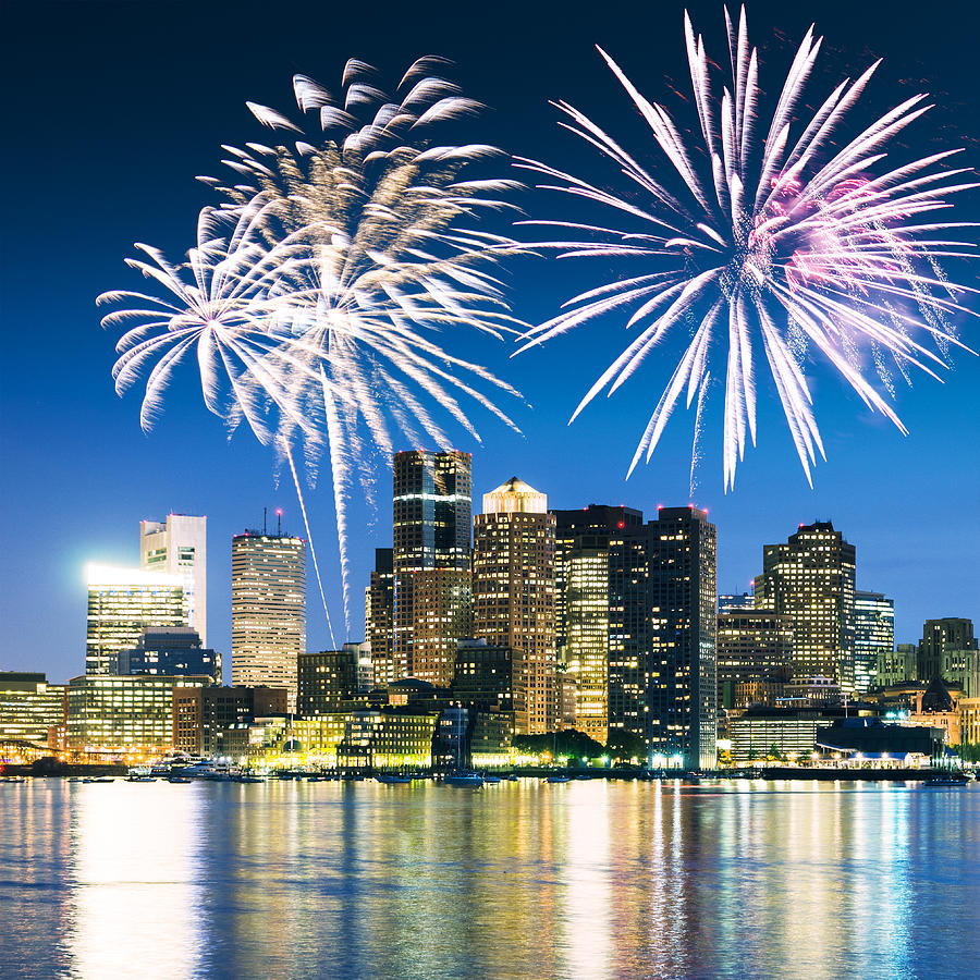 Bostonon the night with fireworks for the new year Photograph by Franckreporter