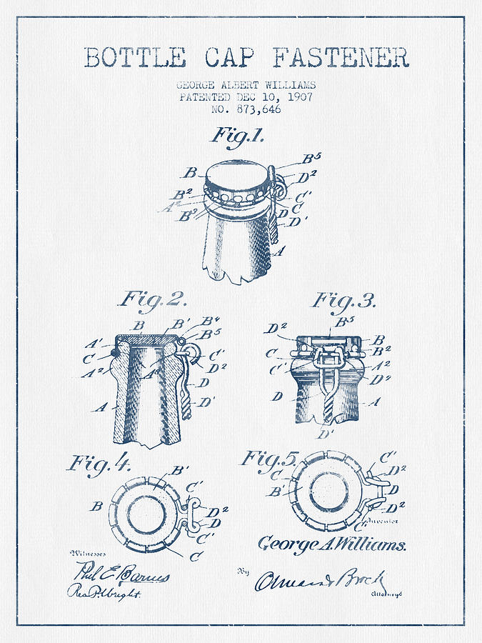Bottle Cap Fastener Patent Drawing From 1907  - Blue Ink Digital Art