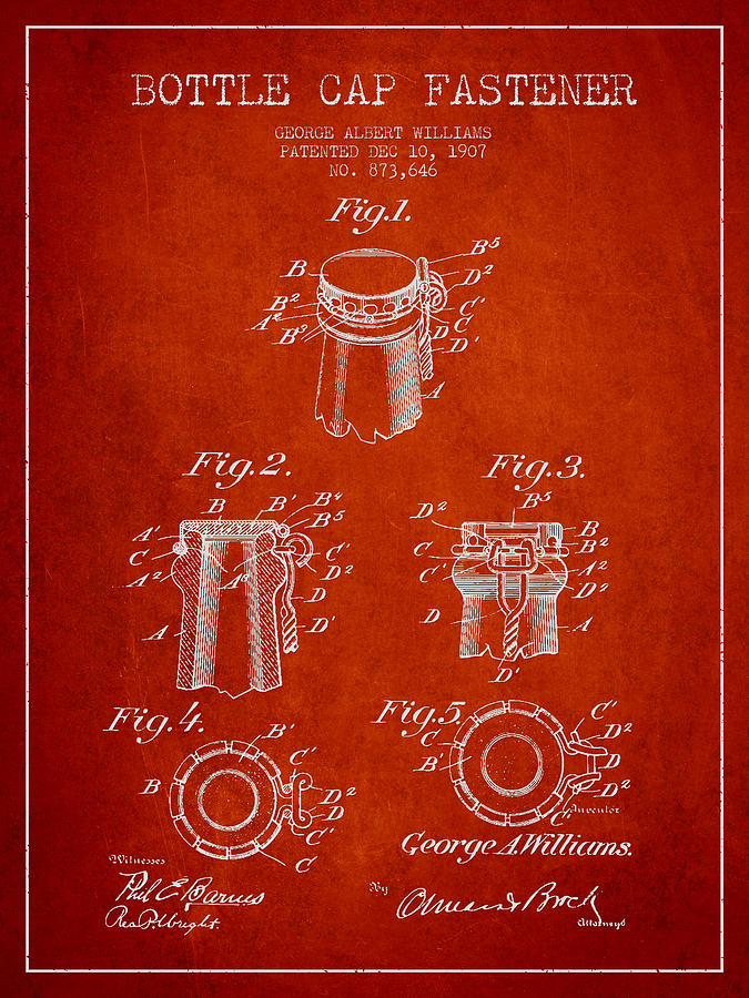 Bottle Cap Fastener Patent Drawing From 1907 - Red Digital Art