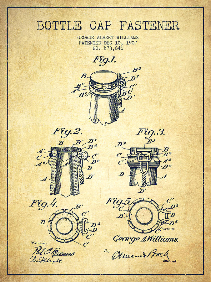Bottle Cap Fastener Patent Drawing From 1907 - Vintage Digital Art