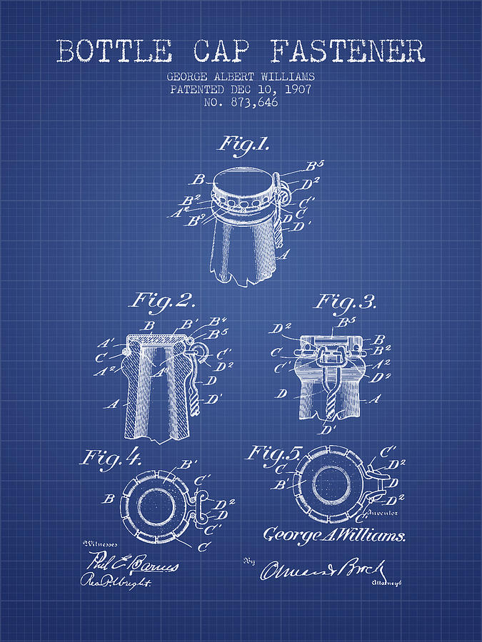 Bottle Cap Fastener Patent From 1907- Blueprint Digital Art