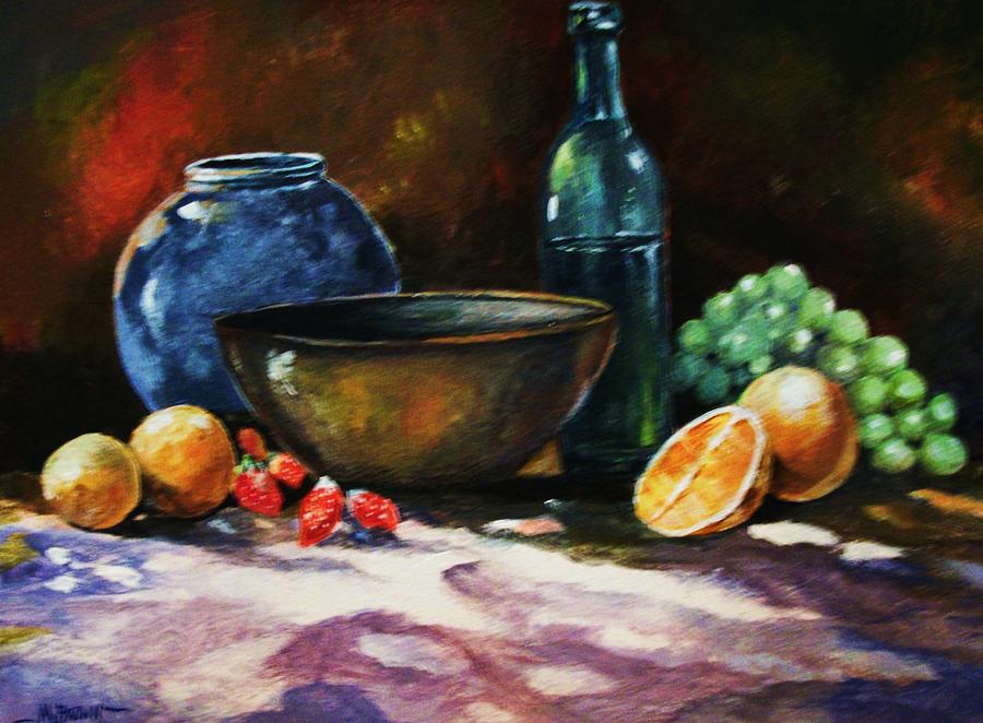 Bottle Jar Bowl and Fruit Painting by Al Brown