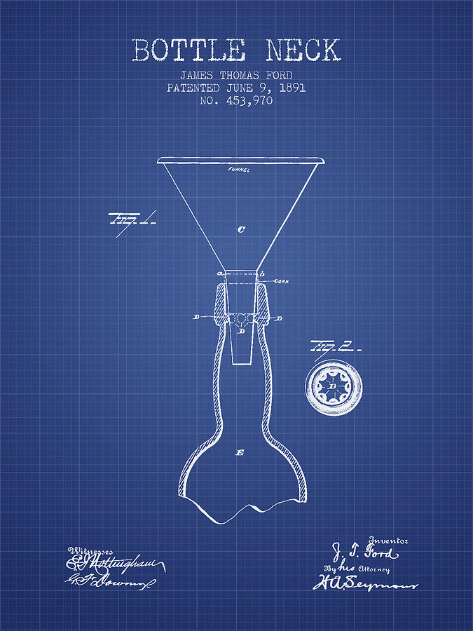 Bottle Neck Patent From 1891 - Blueprint Digital Art