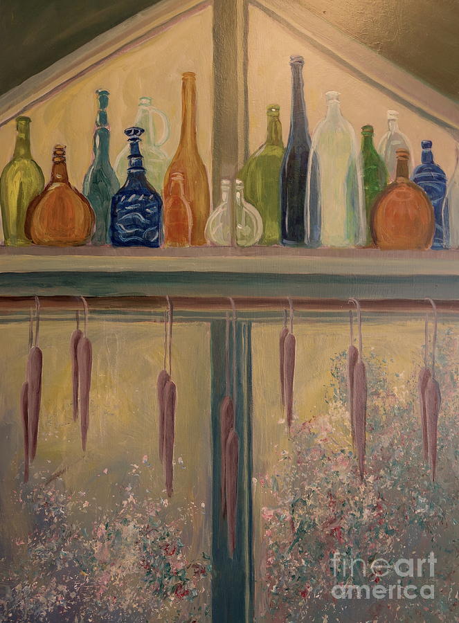 Bottles and Candle Window Painting by Gretchen Allen