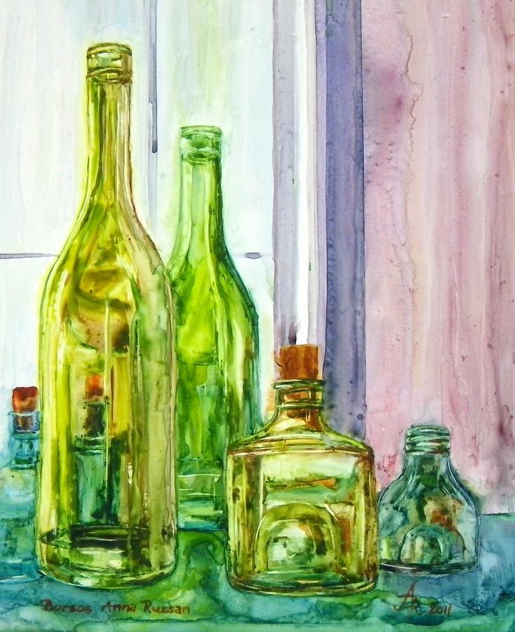 Bottles - Shades of Green Painting by Anna Ruzsan