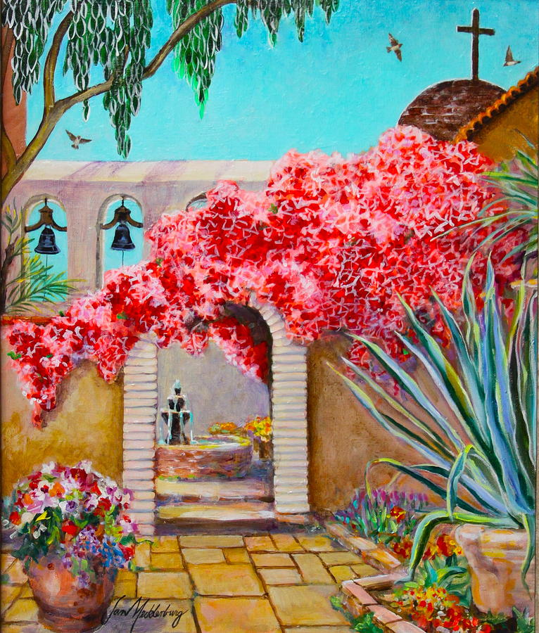 Bougainvillea over Bell Court Entry at Mission San Juan Capistrano  Painting by Jan Mecklenburg