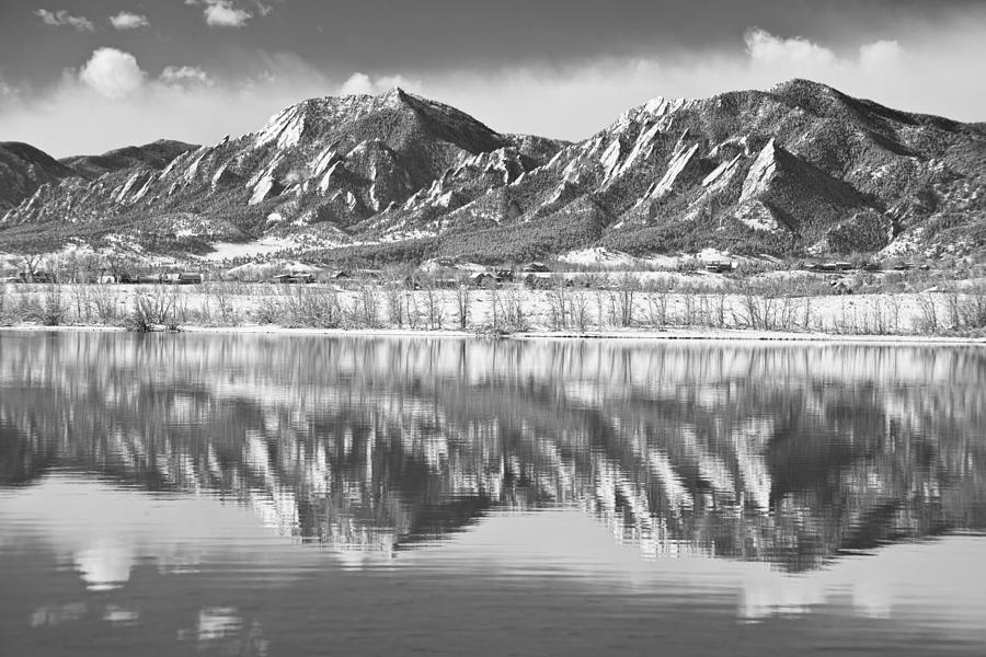 Winter Photograph - Boulder Reservoir Flatirons Reflections Boulder CO BW by James BO Insogna