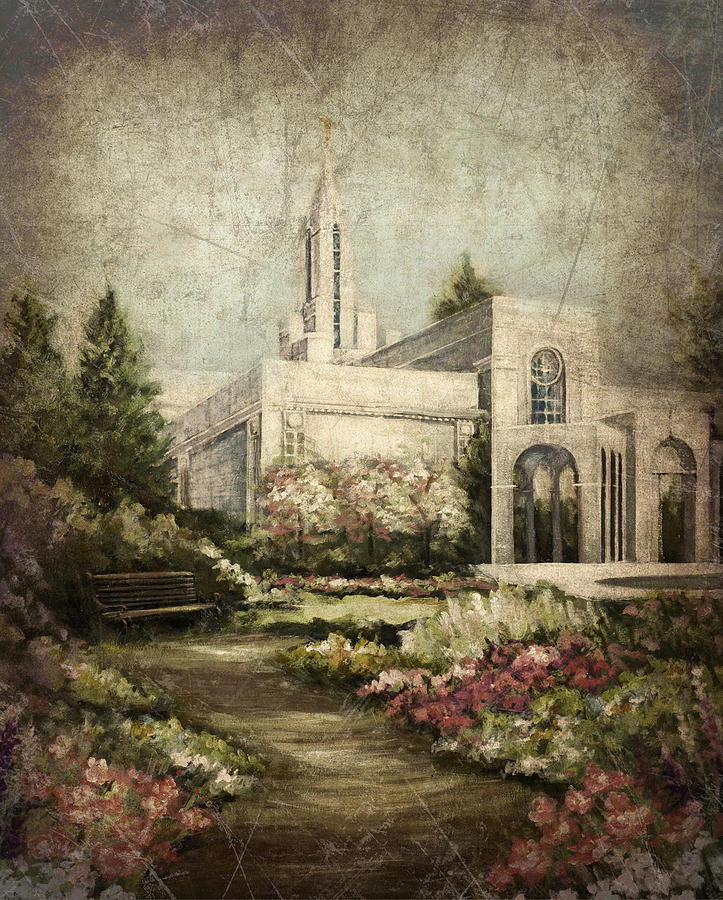 Landscape Painting - Bountiful Utah Temple-Pathway to Heaven Antique by Marcia Johnson