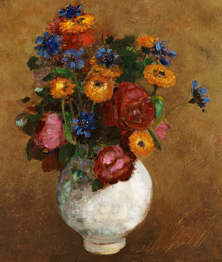 Still Life Painting - Bouquet of Flowers in a White Vase by Odilon Redon