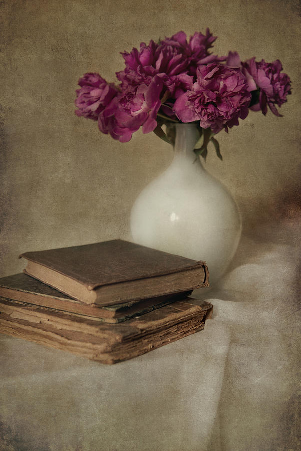Bouquet of peonies and old books Photograph by Jaroslaw Blaminsky