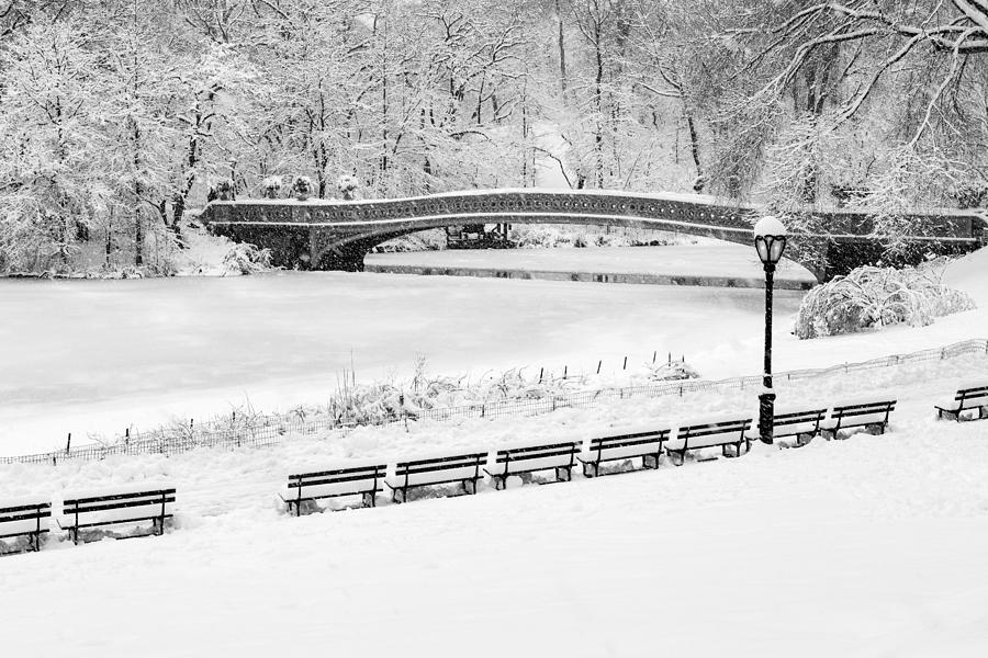 Central Park Photograph - Bow Bridge Central Park Winter Wonderland BW by Susan Candelario