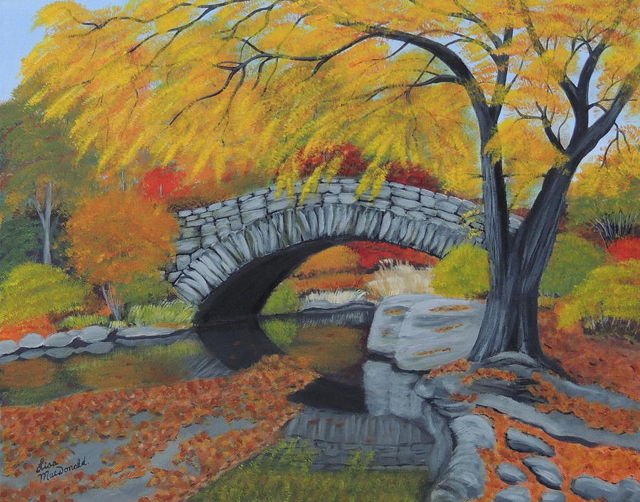 Bow Bridge in Fall Painting by Lisa MacDonald