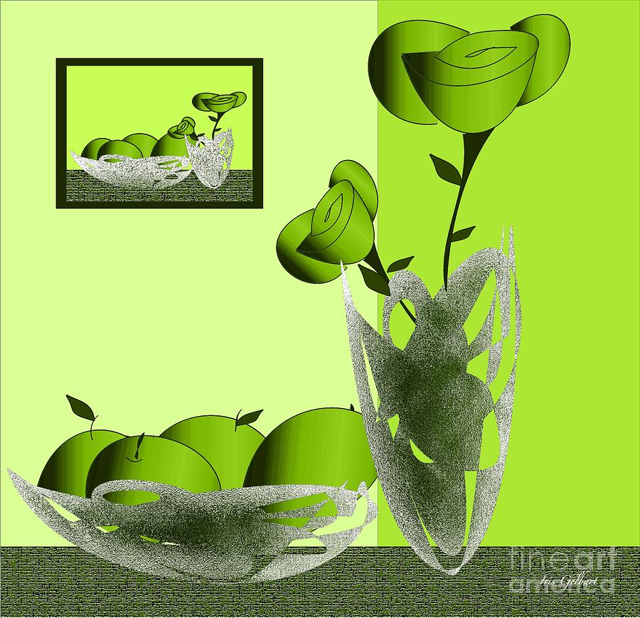 Bowl Digital Art - Fruit and Flowers in green by Iris Gelbart