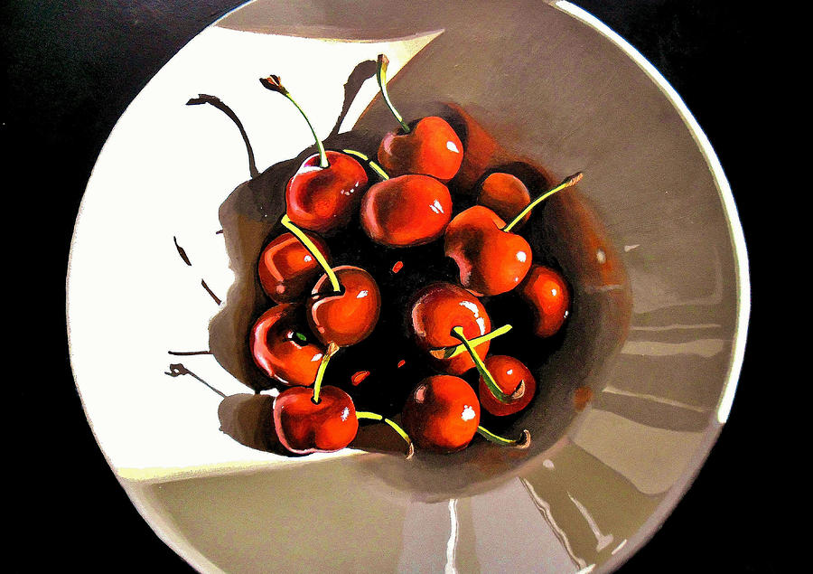 Close-up Painting - Bowl of cherries by Jeni Hodgson-Craig